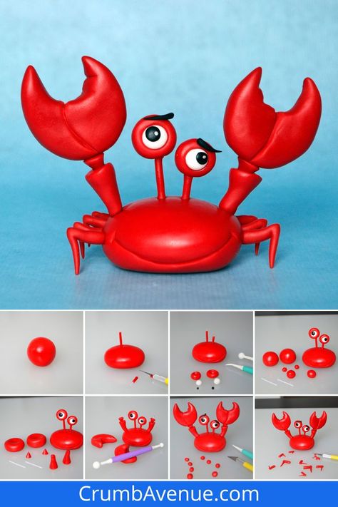 Crab Birthday Cakes, Make Step By Step, Sea Cake, Ocean Cakes, Sea Cakes, Beach Cakes, Crab Cake, Cake Topper Tutorial, Fondant Animals