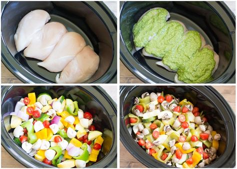 Chicken Pesto Pasta Easy Crock Pot Recipe - Bren Did Pasta Crockpot Recipes, Crockpot Veggies, Chicken Pesto Pasta, Chicken Roast, Pasta Easy, Crock Pot Recipe, Chicken Pesto, Paleo Crockpot, Tasty Dinner