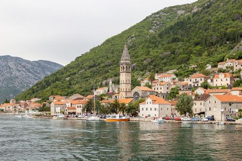 Sea Side City, Sea Side Town, Town By The Sea, Perast Montenegro, Mountain Kingdom, Coast Landscape, Pretty Scenery, Background Inspiration, Montenegro Travel