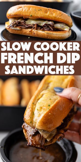 Slow Cooker French Dip Sandwiches - flavor-packed slow cooker french dip sandwiches with melted provolone cheese and toasted garlic bread rolls. Low Sodium French Dip Sandwich, Roast French Dip Crockpot, French Tip Sandwiches, French Dip With Roast Beef, Crockpot Beef For Sandwiches, Tri Tip French Dip Sandwich, French Dip Sliders Hawaiian Rolls, Crock Pot Roast Beef Sandwiches, Deli Rolls