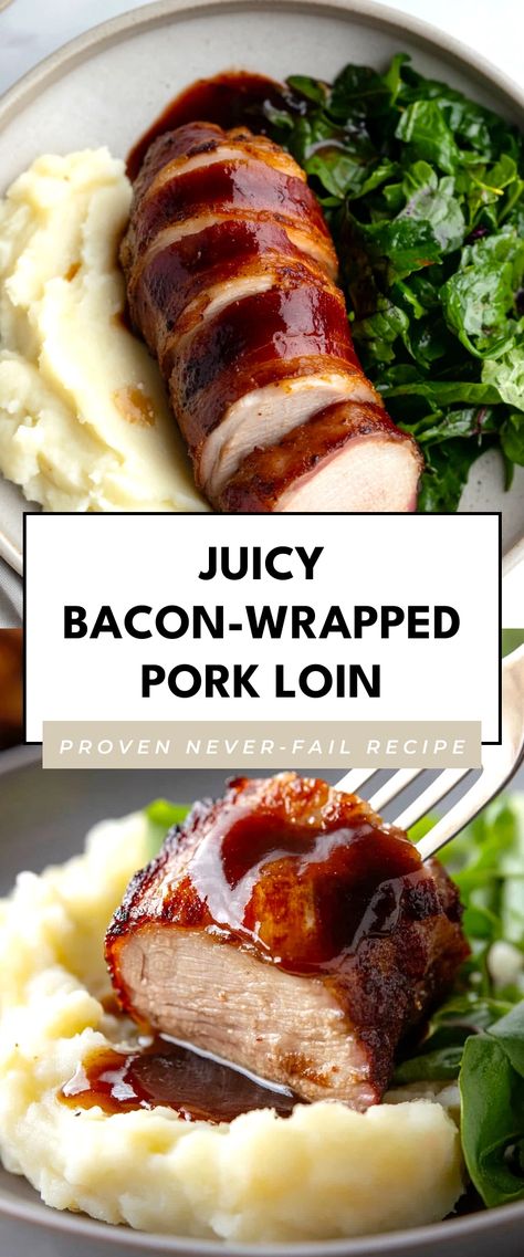 Image for Juicy Bacon-Wrapped Pork Loin Bacon Wrapped Pork Loin Grilled, Pork Loins, Bacon Wrapped Pork Loin, Pork Loin Recipe, Bacon Wrapped Pork, Pork Loin Recipes, Holiday Recipes Christmas, Pork Loin, Bacon Wrapped