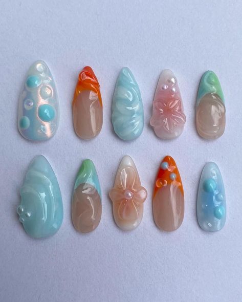 Fish Nails, Sea Nails, Colorful Graffiti, Nails Gel Nails, Nails Yellow, Custom Press On Nails, Summery Nails, Pretty Gel Nails, Really Cute Nails