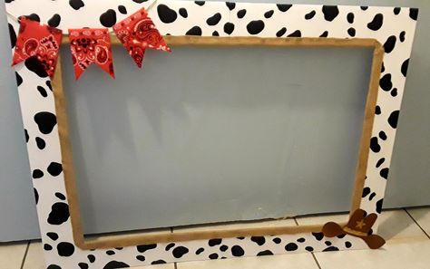 Western photo frame, birthday, cow print, photo booth Cow Photo Props, Western Photo Props, Country Party Ideas, Cow Print Party, Cow Print Chair, Polaroid Photo Booths, Graduation Backdrops, Photo Frame Birthday, Western Themed Party