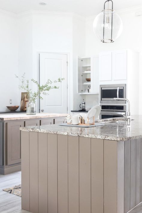 taupe kitchen island Vertical Shiplap Island, Kitchen With Wallpaper, Shiplap Island, Carpentry Details, Taupe Kitchen Cabinets, Restoration House, Vertical Shiplap, Taupe Kitchen, Light And Dwell