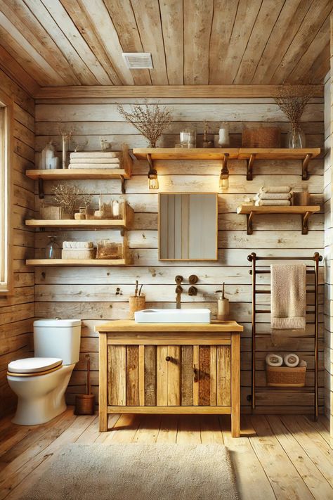 Looking for cozy yet functional bathroom inspiration? These 26 small bathroom ideas blend rustic charm with smart storage solutions to create a warm and inviting space. From natural wood finishes and open shelving to compact yet stylish fixtures, these designs make the most of every inch. Perfect for transforming your bathroom into a relaxing retreat without sacrificing practicality. Explore all 26 ideas in the blog post! Small Cabin Bathroom, Small Rustic Bathroom Ideas, Bathroom Interior Ideas, Small Rustic Bathroom, Theatre Room Ideas, Functional Bathroom, Small Bathtub, Small Bathroom Interior, Bathroom Accent Wall