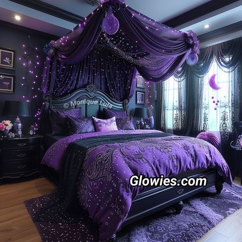 Light Purple Rooms, Black And Purple Bedroom Ideas, Purple Gothic Bedroom, Deep Purple Bedroom, Purple Themed Bedroom, Purple Bedroom Decor, Princess Bedrooms, Bedroom Bedding Sets, Amazing Bedroom Designs