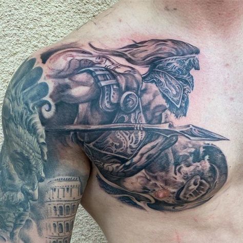 101 Amazing Spartan Tattoo Designs You Need To See! | Outsons | Men's Fashion Tips And Style Guide For 2020 Warrior Chest Tattoo, Chest Piece Tattoo, Shoulder Armor Tattoo, Underarm Tattoo, Warrior Tattoo Sleeve, Roman Tattoo, Gladiator Tattoo, Soldier Tattoo, Chest Tattoo Ideas