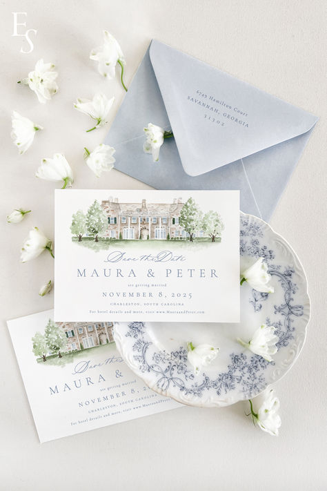 Exclusive offer: customize your save the date with a watercolor of your wedding venue! Watercolor Save The Date, Paper Cocktail Napkins, Wedding Crest, Fine Stationery, Rehearsal Dinner Invitations, Custom Watercolor, Save The Dates, Wedding Stationary, Wedding Paper