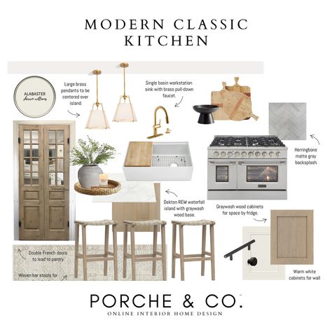 Designs of the Week :: Modern Classic Online Home Designs — Porche & Co. Modern Classic Kitchen Design, Modern Classic Kitchen, Classic Kitchen Design, Kitchen Mood Board, Countertop Decor, Classic Kitchens, Design Board, Kitchen Design Ideas, Mood Board Design