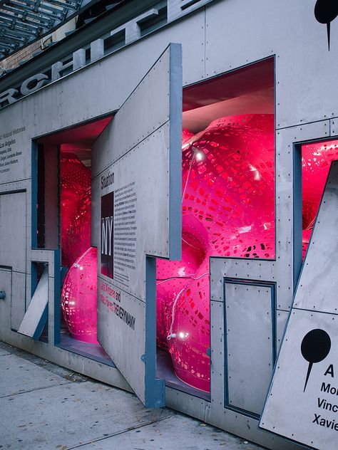 jana winderen + marc fornes infill NY storefront with immersive sensory object Shell Structure, Room Installation, Pink Envelope, Raspberry Red, Exhibition Display, Exhibition Booth, Web Banner Design, Big Ideas, Environmental Design