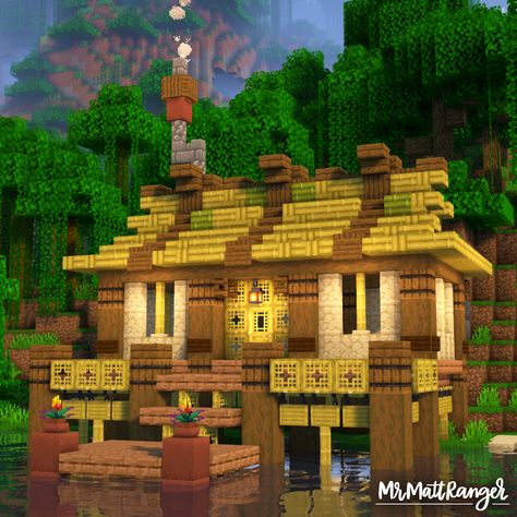 Cute Minecraft Jungle Houses, Jungle Themed Minecraft Builds, Minecraft Jungle Cottage, Bamboo Jungle House Minecraft, Cherry Blossom Fishing Dock Minecraft, Minecraft Hawaii House, Minecraft Jungle Temple Base, Small Jungle House Minecraft, Minecraft Bamboo House Ideas