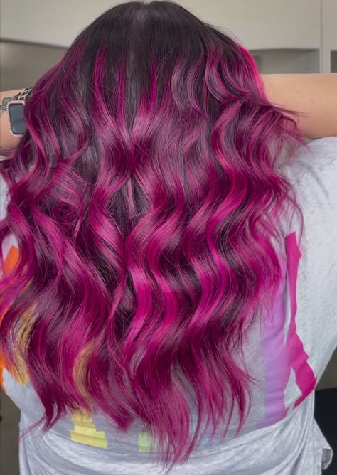 Berry Balayage Brunette, Brown And Pink Ombre Hair, Vivid Balayage Hair, Pink Hair With Roots, Pink Hair Color Ideas For Brunettes, Maroon And Pink Hair, Hot Pink Balayage, Magenta Balayage, Berry Pink Hair