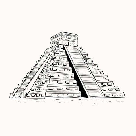 Mayan Pyramids Tattoos, Mayan Pyramid Drawing, Mayan Temple Art, Mayan Temple Tattoo, Aztec Temple Drawing, Aztec Pyramid Tattoo Design, Aztec Temple Tattoo, Aztec Pyramids Drawing, Mayan Pyramid Tattoo