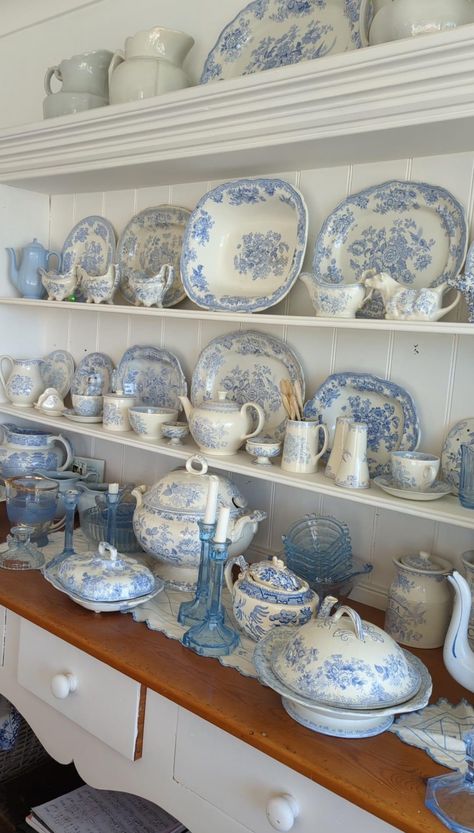 Blue And White Dishes Display, Blue Willow Kitchen, Quaint Kitchen, Blue And White Dinnerware, Crockery Design, China Kitchen, Cottage Dining Rooms, Fine Dinnerware, Shelf Decor Living Room