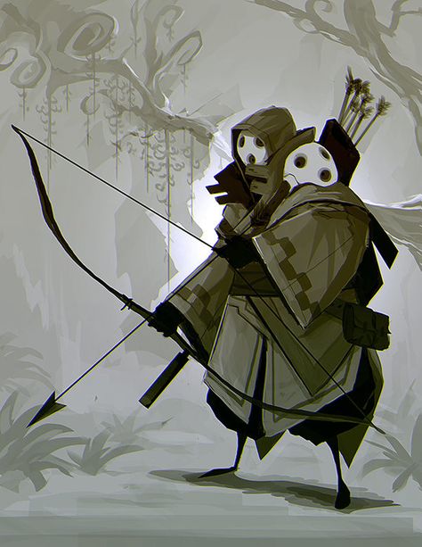 Archer, Rives Alexis on ArtStation at https://www.artstation.com/artwork/5e60z Grave Robber Character Design, Hooded Character Art, Hooded Character, Monochromatic Background, Character Design Cartoon, Bd Art, Film Anime, Bow And Arrow, Creature Concept Art