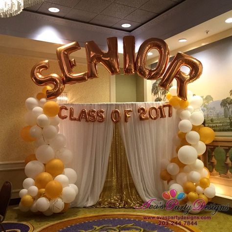 Fabric backdrop with Organic balloons and name arch. Great for proms, graduations and any social events! Your #1 Choice for Custom Balloons + Party Rentals serving CT & NY. Farewell Party Backdrop Ideas, Decorating Columns For Party, Farewell Names For Seniors, Ballons Arch Ideas, Grad Banquet, Grad Backdrop, Farewell Party Decorations, Graduation Highschool, Farewell Decorations