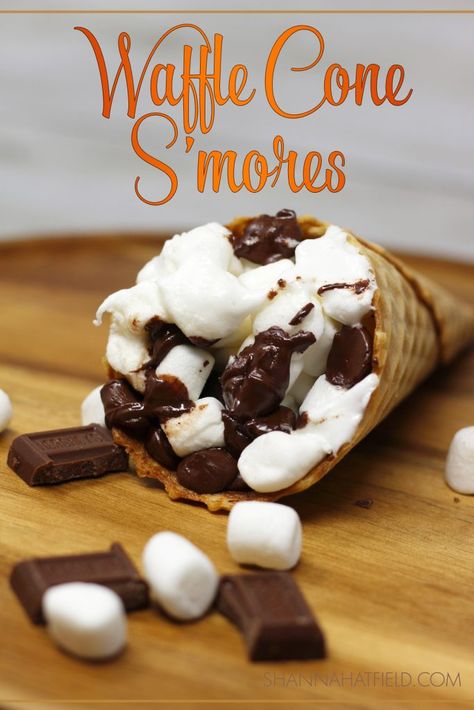 Waffle Cone S’mores – Shanna Hatfield Smores Cone, Homemade Waffle Cones, Oven Smores, Smores Ice Cream, Homemade Waffle, Baked Smores, Waffle Cone Maker, Chocolate Pieces, Caramel Bits