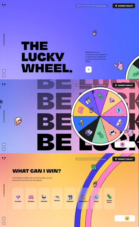 Colorful, horizontal scrolling One Pager for The Lucky Wheel - daily game where you can win web3 prizes by spinning the wheel. Fun marketing play by The Lucky Bones teams! Miniature Calendar, One Pager, Event Booth, Mint Wallpaper, Game Websites, One Page Website, Graphic Design Ads, Website Design Layout, Wheel Of Fortune