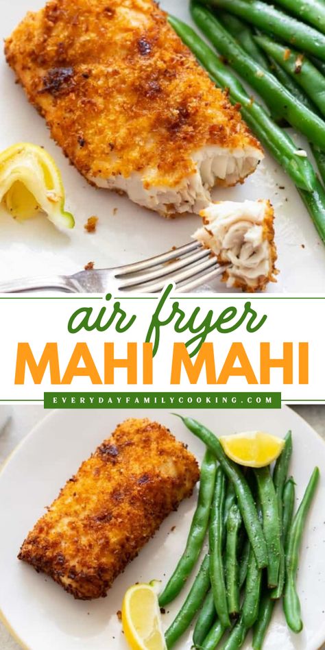 This Air Fryer Mahi Mahi is an easy dinner idea for the family that's crispy and delicious! This flaky fish recipe has an irresistible panko breading and ready in 30 minutes. Add this recipe to your simple weeknight dinner ideas! Parmesan Crusted Mahi Mahi Air Fryer, Panko Crusted Mahi Mahi Recipes, Air Fried Mahi Mahi, Air Fryer Mahi Mahi Recipes, Parmesan Crusted Mahi Mahi, Pickerel Recipes, Air Fryer Mahi Mahi, Weeknight Dinner Ideas, Mahi Mahi Recipes