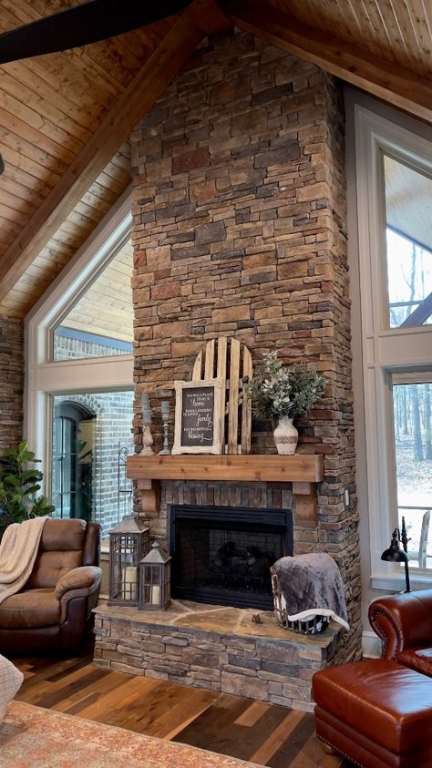 Cabin Fireplace Ideas Stone, A Frame Living Room Fireplace, Stone Fireplace With Cathedral Ceiling, Stone Fireplace Floor To Ceiling Farmhouse, Dual Sided Fireplace Indoor Outdoor, Country Home Fireplace, Rustic House Fireplace, Stone Fireplace Floor To Ceiling Rustic, Cabin Great Room Ideas