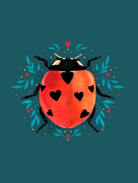 Aesthetic Bug Drawing, Folk Art Bugs, Ladybug Illustration Cute, Ladybug Drawings, Ladybird Illustration, Ladybug Images, Ladybug Painting, Bug Painting, Ladybug Illustration