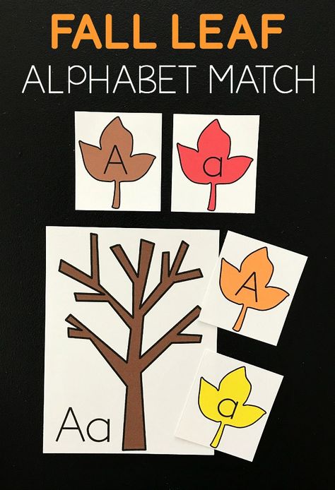 FREE Fall Leaf Alphabet Letters Printable is a fun, low prep alphabet match activity to help preschool, prek, kindergarten age practice uppercase lowercase matching.  (alphabet match game, homeschool, fall centers) Preschool Alphabet Matching Printables, Tree Language Activities Preschool, Leaf Patterns Preschool, Fall Letter Recognition Preschool, Fall Language Arts Activities Preschool, Leaf Circle Time Activities, Leaf Hunt Activities, Leaves Preschool Theme, Preschool Leaves