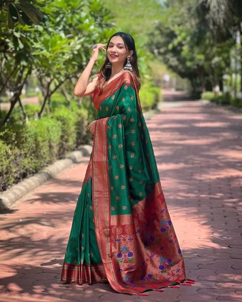 Original Maharashtrian Paithani sarees with meenakari peacock motifs all over the body and contrast zari woven paithani border with rich woven Meenakari Paithani Pallu Paired with Brocade contrast Blouse as shown Fabric : Silk Technique for Work : Zari Weaving Blouse : Same as Shown (Unstitched) Length : 5.5 Meter, 0.80 Meter Blouse (Unstitched) Width : 44 inch (approximate) Wash Care : First Wash Dry Clean (Steam or Iron with the cool press) DM for inquiry // THANK YOU 😊 \\ Maharashtrian Saree Traditional, Pre-draped Meenakari Paithani Silk Saree For Transitional Season, Festive Pre-draped Meenakari Paithani Silk Saree, Transitional Meenakari Paithani Silk Pre-draped Saree, Meenakari Paithani Silk Pre-draped Saree, Maharashtrian Saree, Chintamani Color Paithani, Party Wear Lehenga, Contrast Blouse