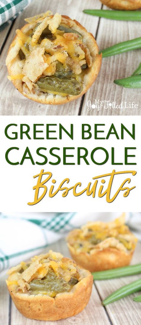 Green Bean Casserole Biscuits - a fun twist on the classic Thanksgiving dish! via @slavila Green Bean Casserole Bites, Biscuit Bites, Thanksgiving Dish, Thanksgiving Casserole, Classic Thanksgiving, Thanksgiving Dishes, Green Bean Casserole, Bean Casserole, Green Bean