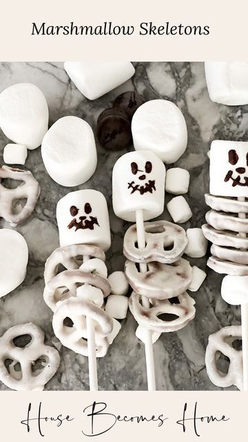 Jordan on Instagram: "Saw this cute Marshmallow Skeleton treat on Pinterest and thought, that’s a diy I can do!!! They’re so easy and cute! Just need big marshmallows, white chocolate covered pretzels, melting chocolate, toothpick and white sticks!!! So fun! Great class treats for the kids too! #halloween #halloweendecor #halloweentreats #skeleton #classroomideas" Skeleton Pretzels, Skeleton Snacks, Hollween Idea, Marshmallow Pretzel Skeletons, Spooky Marshmallow Treats, Skeleton Treats, Marshmallow Ghost Stack, Skeleton Marshmallow Pretzels, Halloween Chocolate Dipped Marshmallows