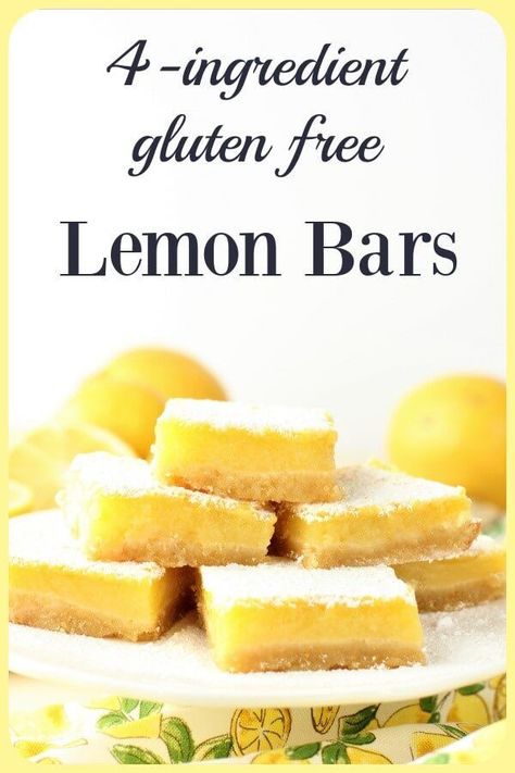 Lemon lovers, these are for you! These simple Gluten Free Lemon Bars are made with only 4 ingredients, yet they are delightfully tangy and loaded with intense lemon flavor. They are gluten free, but everyone will love them. #lemonbars #lemonsquares #glutenfreelemonbars #lemondesserts #lemons Dairy Free Lemon Bars, Gluten Free Lemon Desserts, Gluten Free Lemon Squares, Sugar Free Lemon Bars, Lemon Desserts Healthy, Gluten Free Lemon Bars, Gluten Free Foods, Lemon Bars Easy, Gluten Free Scones