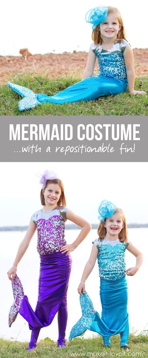 DIY Mermaid Costume with a REPOSITIONABLE Fin! | via Make It and Love It Diy Mermaid Costume, Mermaid Costume Kids, Diy Mermaid Tail, Mermaid Costume Diy, Mermaid Halloween Costumes, Diy Mermaid, Mermaid Halloween, Mermaid Diy, Mermaid Tails