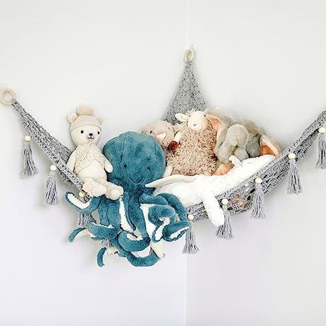 Sasa Baby and Toddler Macrame Toy Hammock for Stuffed Animals - Plushie Toy Hammock, Grey Nursery Decor, Plush Hammock, Stuffy Hammock, Hanging Stuffed Animal Organizer, Pebble Grey Stuffy Hammock, Net For Stuffed Animals, Hammock For Stuffed Animals, Organizing Blankets, Plush Hammock, Stuffed Animal Holder, Thick Fringe, Stuffed Animal Hammock, Hammock Netting