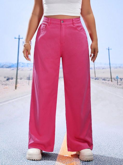 SHEIN ICON Plus Wide Leg JeansI discovered amazing products on SHEIN.com, come check them out! Jeans Rosa, Pink Plus Size, Shein Icon, Pink Collar, Pink Jeans, Pink Collars, Plus Size Jeans, Amazing Products, Wide Leg Jeans