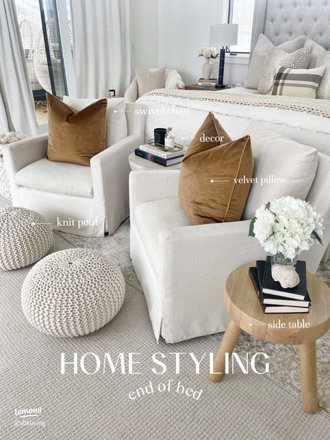 End of bed styling w/ two accent chairs! | Article posted by SBKLiving | Lemon8 End Of Bed Seating Bedroom, King Bed With Couch At The End, End Of The Bed Chairs, Couch End Of Bed, Chair At End Of Bed, End Of Bed Chairs, Bedroom Accent Chairs Master, Couch In Master Room, End Of Bed Seating Ideas