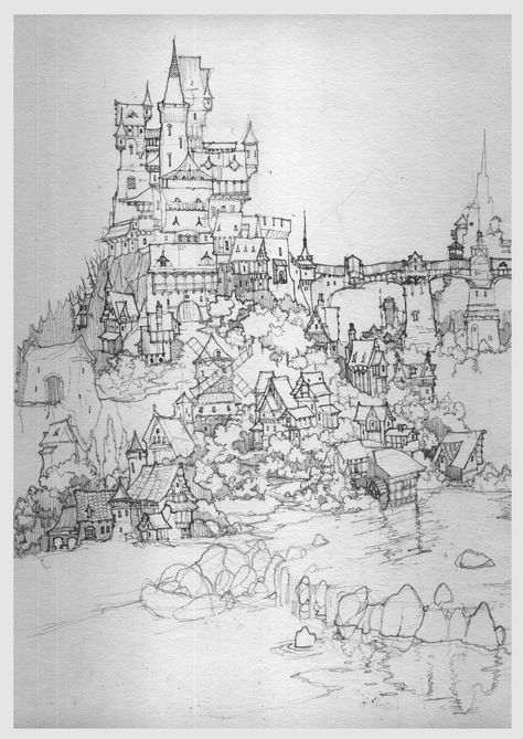 ArtStation - Medieval fantasy town, Matthew Shkurupiy Medieval Town Art, Medieval Fantasy Art, Village Drawing, Town Drawing, Environment Sketch, Castle Drawing, Fantasy Town, City Sketch, Fantasy Castle