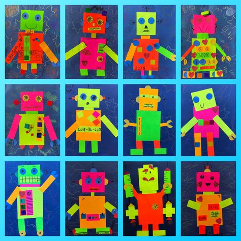 1st grade basic shape robots Shape Robots Kindergarten, Shape Robot Craft, Robot Shapes Preschool, Shape Robots Preschool, Robot Crafts For Preschoolers, Robot Craft Preschool, Shape Robot, Robots Preschool, Kindergarten Art Activities