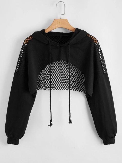 Plus Fishnet Mesh Panel Drawstring Super Crop Hoodie | SHEIN Super Cropped Hoodie, Hoodies Ideas, Crop Top Hoodie, Tomboy Style Outfits, Crop Hoodie, Crop Top Outfits, Hoodie Outfit, Tomboy Fashion, Really Cute Outfits