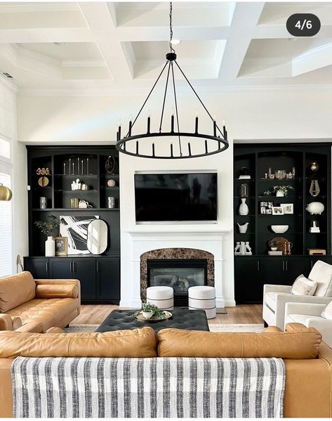 White Fireplace Black Built Ins, Black And White Fireplace Ideas, Black Fireplace Wall, Two Story Fireplace, Fireplace Bookcase, Havenly Living Room, Orchard House, New House Living Room, Family Room Makeover