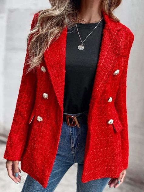 Double Breasted Blazer Outfit Women, Tweed Blazer Outfit, Red Blazer Outfit, Zara Tweed Blazer, Zara Tweed, Women Blazers, Smart Casual Outfit, Red Blazer, Red Outfit