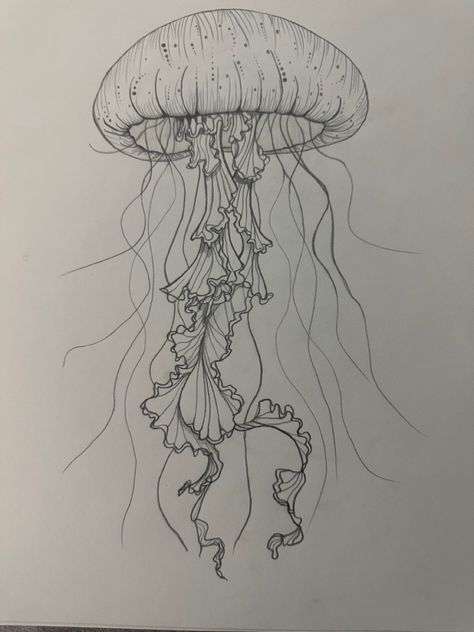 How To Draw Realistic Jellyfish, Detailed Things To Draw, Jellyfish Marker Drawing, Drawings Sea Creatures Art, Jellyfish Drawing Tutorial, Sea Floor Drawing, Jelly Fish Drawing Sketches, Hard Things To Draw, Easy Jellyfish Drawing