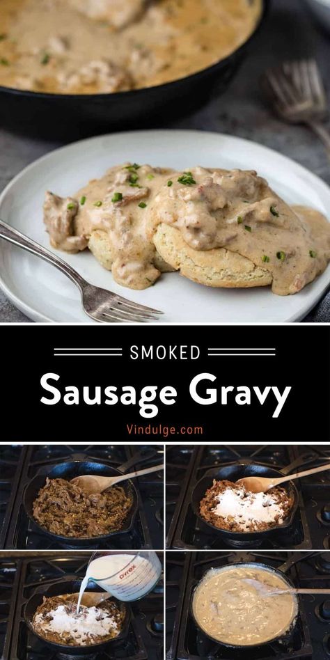 This Smoked Sausage Gravy is a southern breakfast recipe classic with an added smoky flavor. Our Sausage Gravy starts by smoking the sausage, and then adding layers of flavor into the gravy for a savory jam-packed bite. This recipe provides an easy way to add a ton of flavor to your favorite breakfast biscuits. Smoked Biscuits And Gravy, Breakfast Smoker Recipes, Traeger Breakfast Recipes, Smoked Brunch Ideas, Smoker Breakfast Recipes, Smoked Breakfast Recipes, Sausage Gravy For Biscuits, Recipe With Biscuits, Green Mountain Grill Recipes