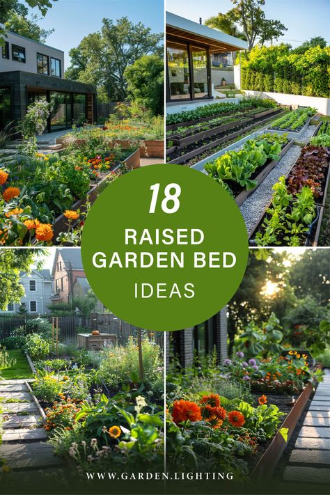 a collage of photos of raised garden beds with flowers and plants Raised Garden Ideas, Unique Raised Garden Beds, Creative Raised Garden Beds, Beautiful Raised Garden Beds, Raised Garden Bed Ideas, Garden Bed Ideas, Upcycled Items, Raised Bed Garden Design, Building A Raised Garden