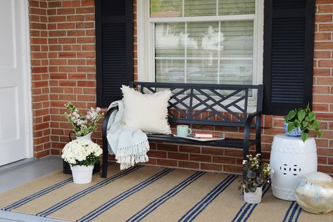 Front Porch Bench Decor, Front Porch Seating Area, Porch Seating Area, Traditional Front Porch, Simple Front Porch, Porch Seating, Front Porch Seating, Carriage Style Garage Doors, Front Porch Bench