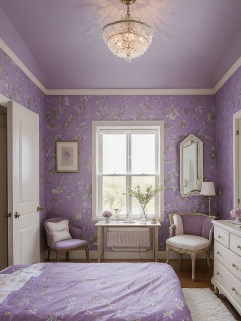 Lavender Accent Wall Bedroom, Lavender Accent Wall, Lavender Bedroom Walls, Purple Wallpaper Bedroom, Bedroom Lavender, Lavender Bedroom, Lavender Wallpaper, Lavender Walls, Floral Wallpaper Bedroom