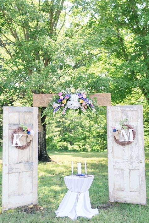 Wedding Arch with Doors Door Wedding Backdrop, Wedding Arch With Doors, Outdoor Wedding Doors Entrance Diy, Rustic Door Wedding Entrance, Wedding Arch Doors Rustic, Wedding Doors Entrance Outdoor Ceremony, Old Doors Wedding Entrance, Old Door Arbor Wedding, Barn Door Wedding