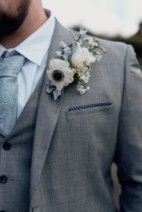 Grey Blue Suit Wedding, Suits For Spring Wedding, Grey Suit With Dusty Blue Tie, Dusty Blue Button Holes, Dusky Blue Wedding Theme, Light Grey Suit With Dusty Blue Tie, Blue Wedding Buttonholes, Blue Wedding Suits With Buttons, Dusky Blue Bridesmaid Dresses