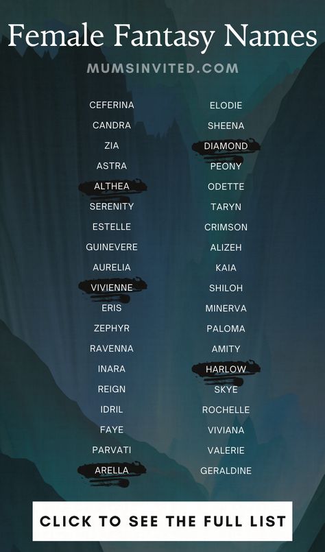 Discover ethereal feminine fantasy names for your characters! Explore our list of dark, unique & meaningful names inspired by nature, the moon & the elements. From fierce warrior queens, elven princesses, & a royal heroine to an evil villainess, or a strong female lead, find the perfect name to capture your character's essence. Uncover Greek names, & short & sweet Japanese names. Browse our A-Z list of over 700 aesthetic fantasy names, for the perfect fantasy world, book, or OC character. Names For Antagonists, Fantasy Names Starting With A, Royal Last Names For Characters List, Fantasy Words List, Fantasy Clothing Names, Good Fantasy Names, Drow Female Names, Cute Fantasy Names, D&d Character Names