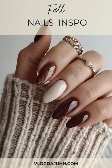 Explore a variety of fall nail designs that are perfect for this season. From warm tones to elegant patterns, find the look that's right for you. #FallNails #AutumnNailArt #NailDesigns #FallNailInspo #NailArtTrends #AutumnNailColors #SeasonalNails #NailInspiration Fall Nails 2024 Halloween, White Nails With Pumpkin Design, Fall Mauve Nail Colors, October 2024 Nail Trends, Fall Colors Nails Gel, Fall Work Nails, Classy Nails Oval, Oval Fall Nails Acrylic, Mocha Swirl Nails