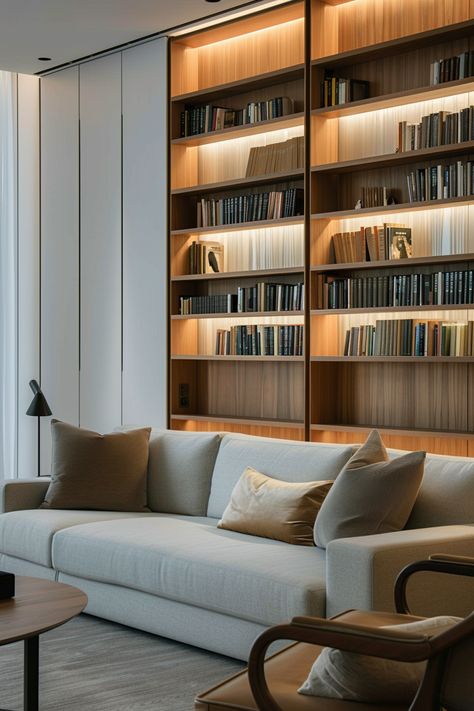 Modernize Your Home Library: Sleek Shelving Unit Designs - Quiet Minimal Built In Shelves Living Room Modern, Library Modern Home, Tv Library Wall Modern, Library Luxury Modern, Full Wall Floating Shelves Library, Wall Desigen Book Shelves, Modern Home Library Ideas, Modern Library Room, Luxury Home Library