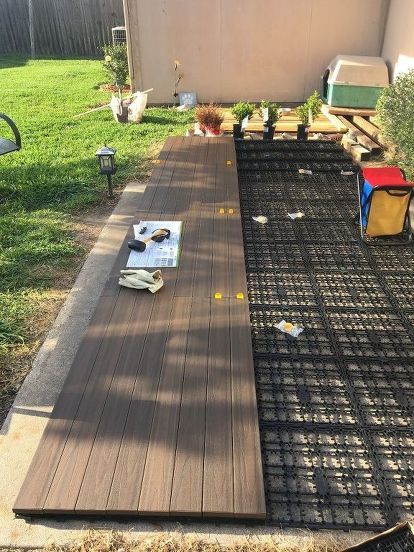 Decks Over Concrete Patio, Decking Over Concrete Patio, Deck Off Patio, Covering Concrete Patio, Floor Decking Outdoor, Paver Mats, Modern Home Decor Bathroom, Stone Patio Ideas, Diy Decking